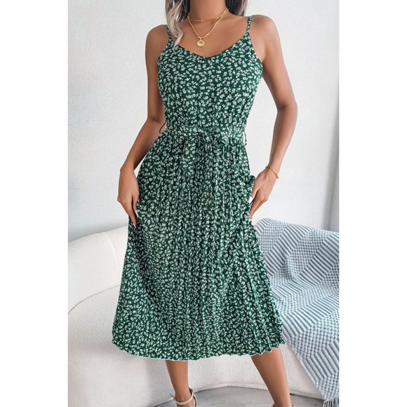 A Classy Chic Boutique Dresses & Skirts - Ditsy Floral Belted Spaghetti Strap Pleated Dress